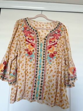 Savanna Jane Cream Embroidered Boho Tunic with Pink, Yellow & Teal Accents